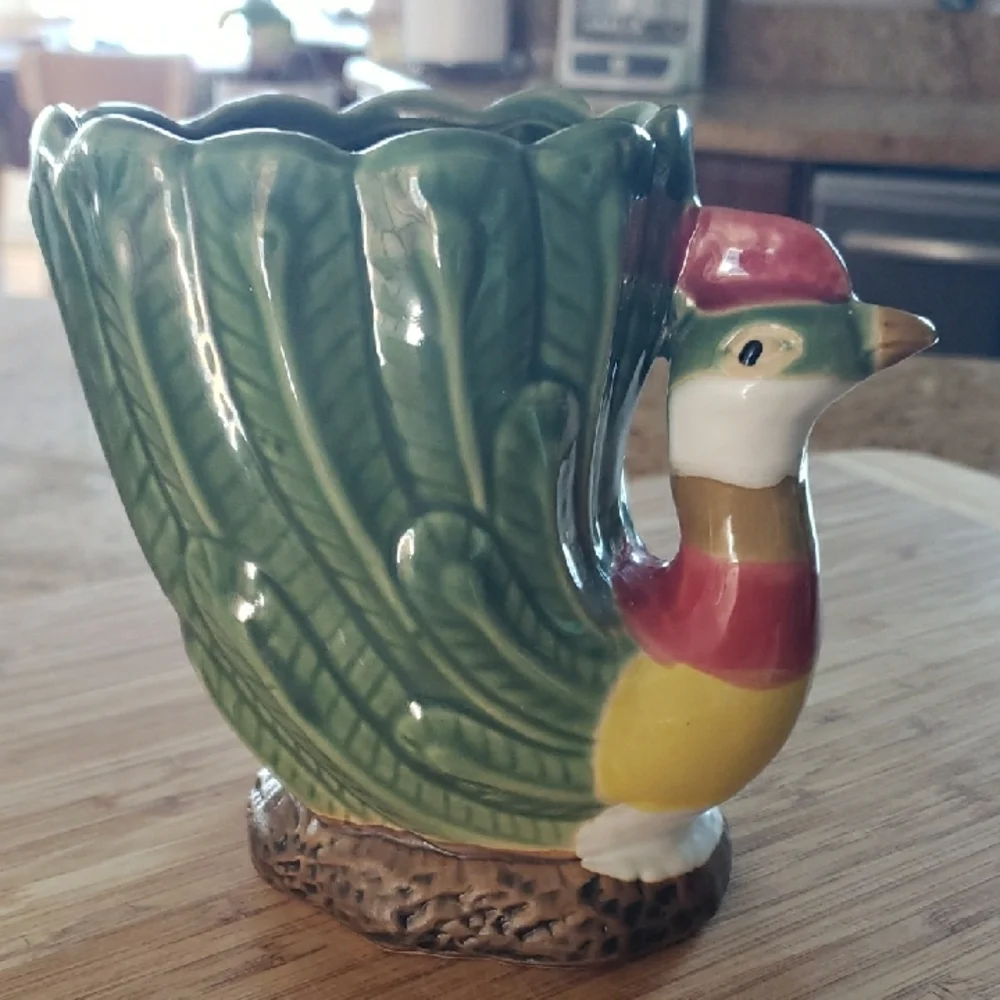 Vintage Green Pheasant Planter, Colorful Game Bird Planter.